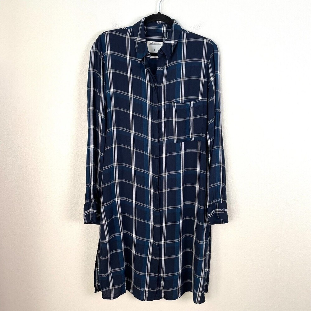 Zara Navy & White Plaid Button-Down Tunic Shirt Dress